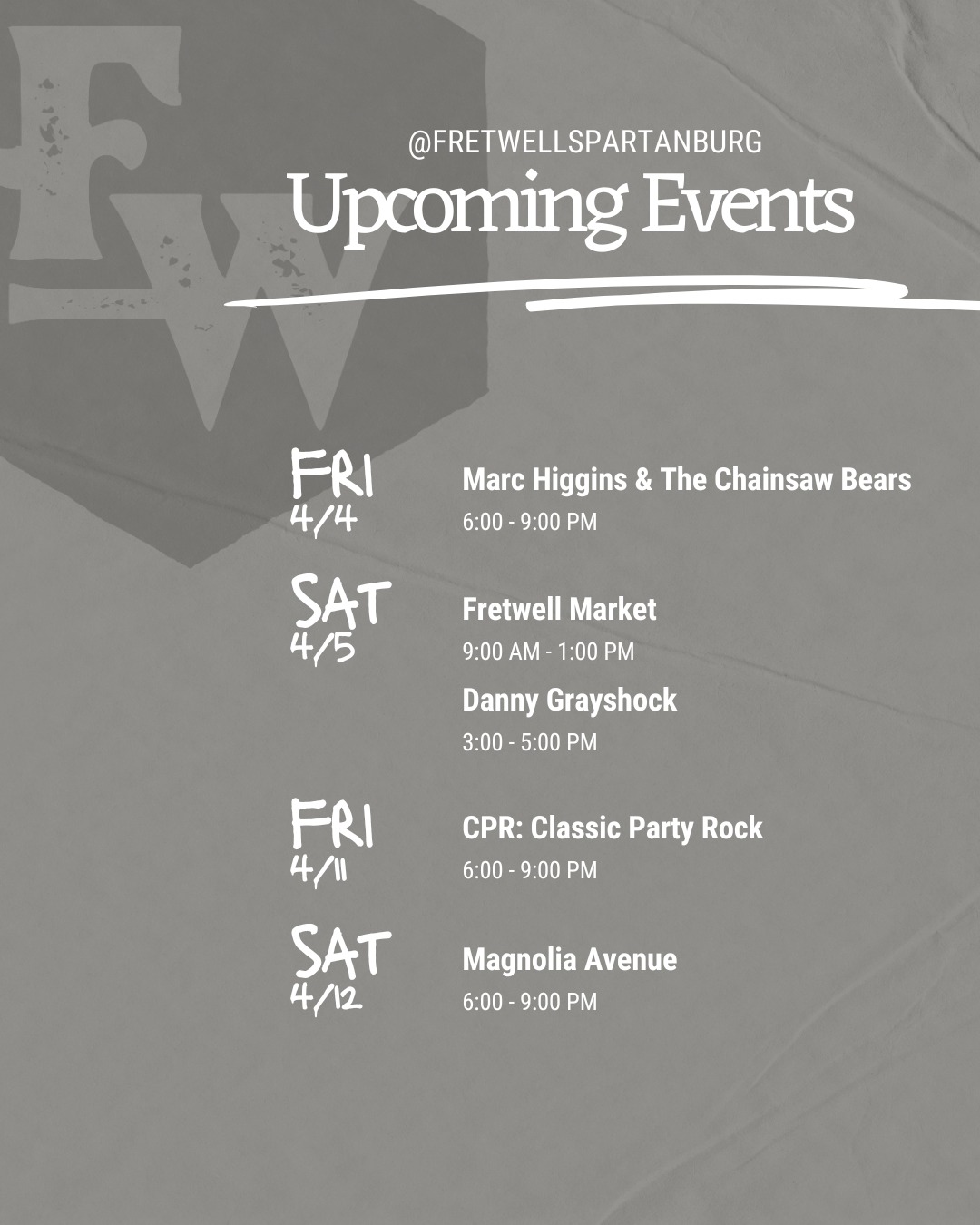 It's hump day, which means it's practically the weekend 😉

Check out our line-up for the next two weekends (rain or shine!) and be sure to check out our website (link in bio) for the full list of upcoming events and other announcements.

#SpartanburgEvents #DiscoverSpartanburg #SpartanburgSC #SpartanburgCommunity #SpartanburgFun