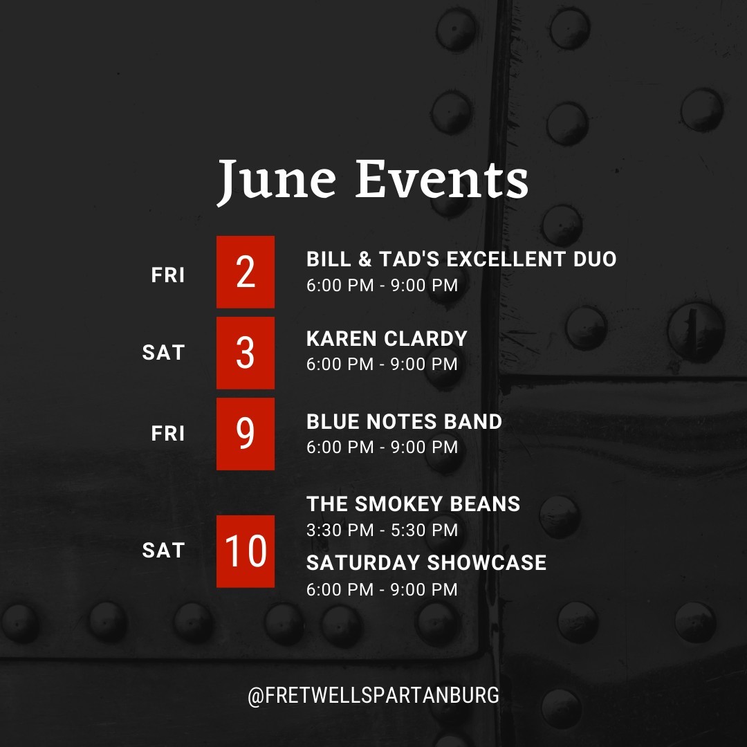 It's a new month with new events!

Tomorrow, June 2nd, Bill &amp; Tad's Excellent Duo will perform from 6 pm-9 pm. You'll also be able to enjoy our Festival Flow of Yoga on our lawn, just bring your own mat to join!

On Saturday, June 3rd, we're welcoming Karen Clardy back to our stage. The music starts at 6pm.

See you then!

#fretwellspartanburg #upstatescmusic#upstatemusicscene #spartanburgmusic #spartanburgevents