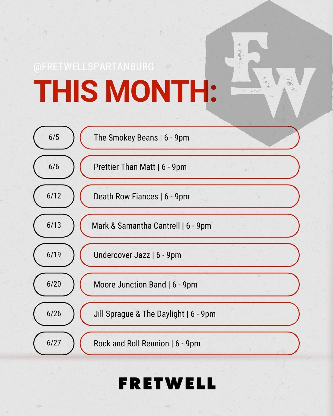 Your weekend starts here 🎶 Save this post for June's live music lineup, and join us at Fretwell—rain or shine—for good food, good drinks, and good music all month long.