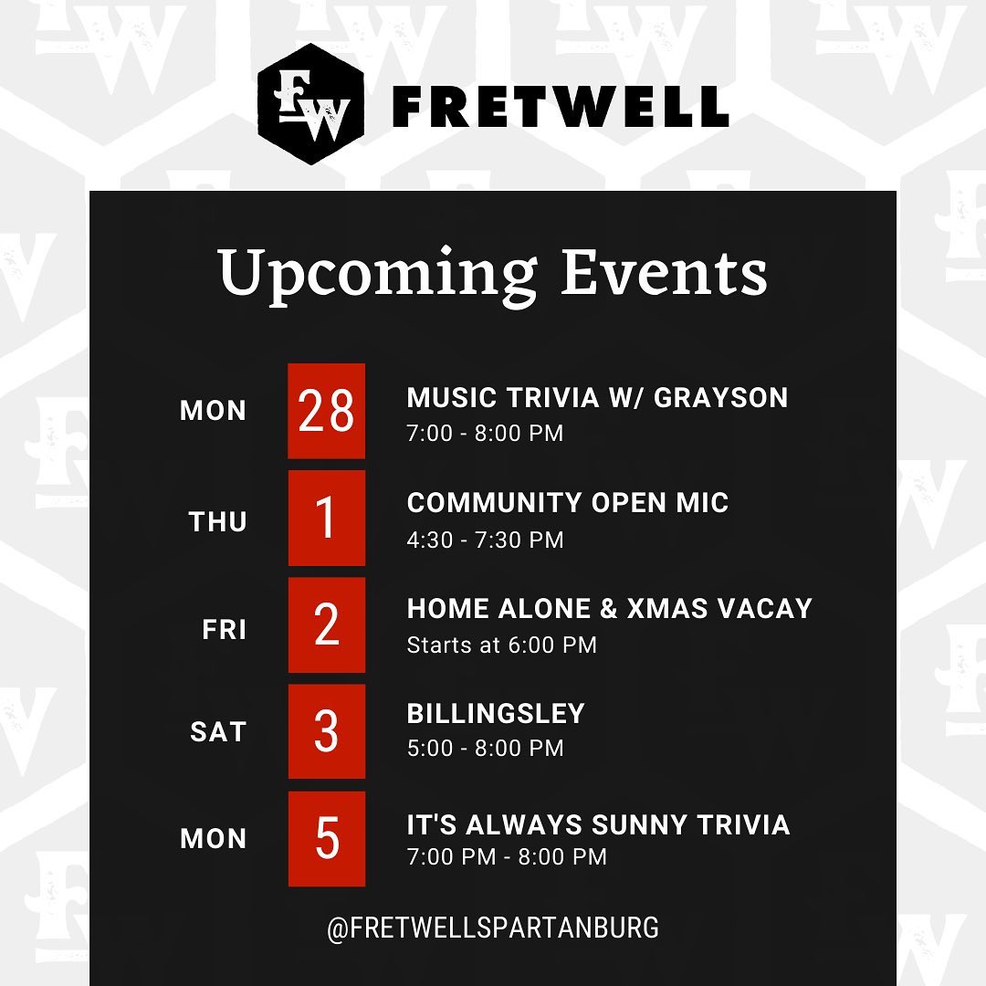 This week is shaping up to be a blast! Join us for #OffTheClockFriday this week, we’ll have some toasty fires, s’mores kits, and we’re showing a double feature of Home Alone and Christmas Vacation! Saturday Billingsley is gracing Fretwell with their sweet tunes!
