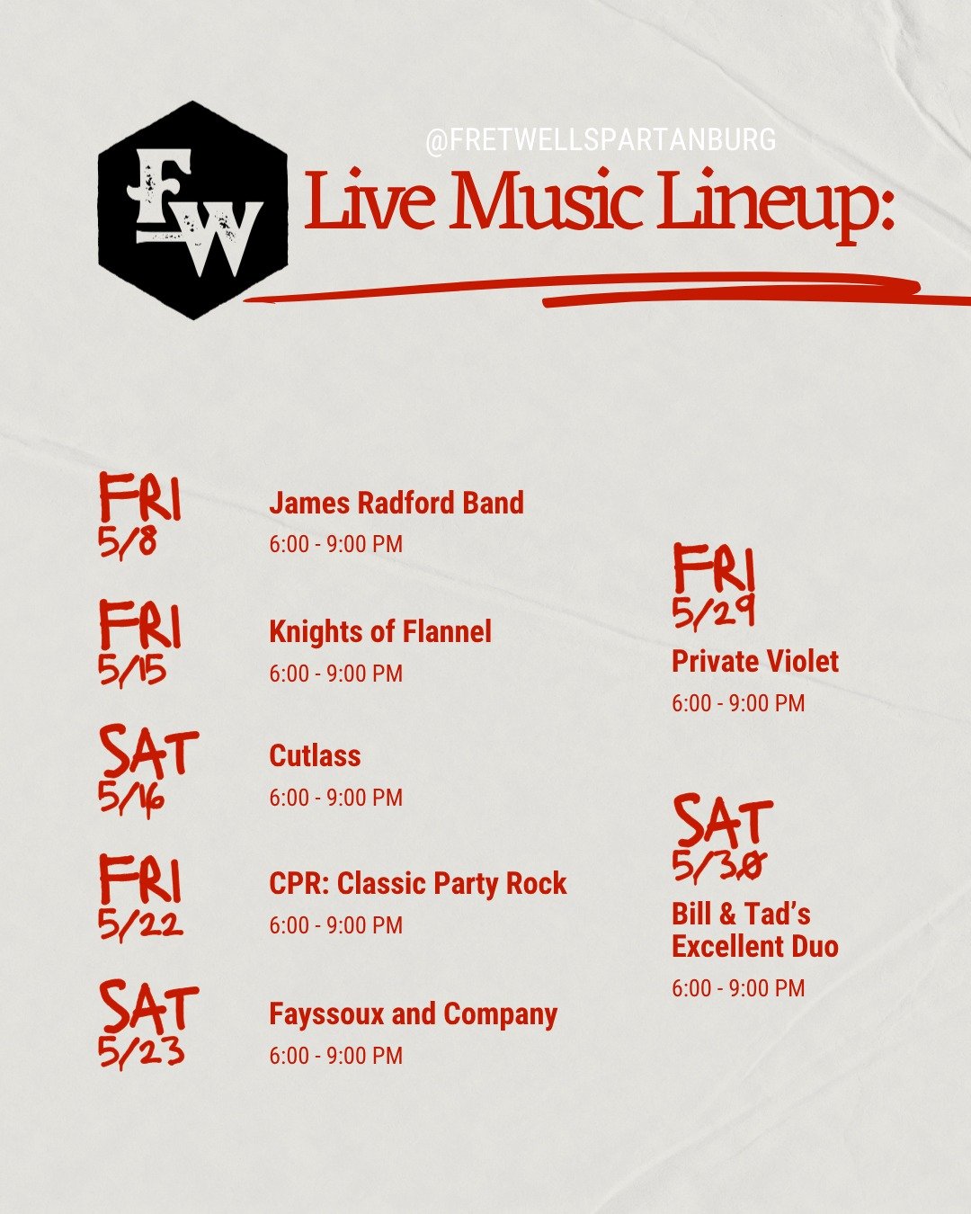 We've got a great lineup of local artists performing at Fretwell every Friday and Saturday night in May 🎶