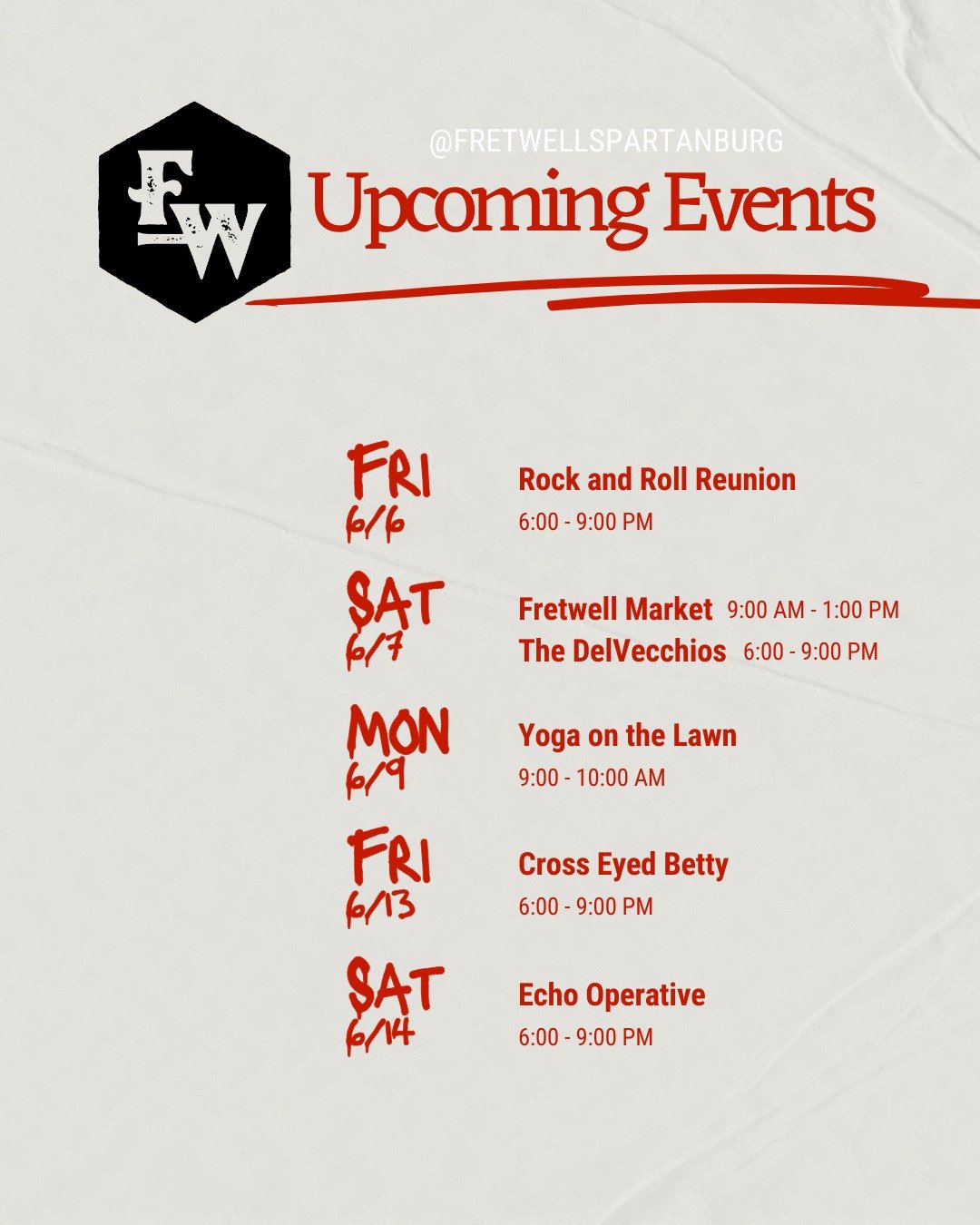 June is here and so is our awesome new line-up! Check out local artists every Friday and Saturday evening, enjoy a powerful start to your week every Monday morning, and attend our monthly market every first Saturday of the month. Music starts at 6pm. Yoga and markets kick off at 9am. All events are held on our lawn. 

See you soon, at Fretwell!

Our upcoming events:
Friday, June 6th: Rock and Roll Reunion (6-9pm)
Saturday, June 7th: Fretwell Market (9am-1pm) and The DelVecchios (6-9pm)

Monday, June 9th: Yoga on the Lawn (9-10am)
Friday, June 13th: Cross Eyed Betty (6-9pm)
Saturday, June 14th: Echo Operative (6-9pm)