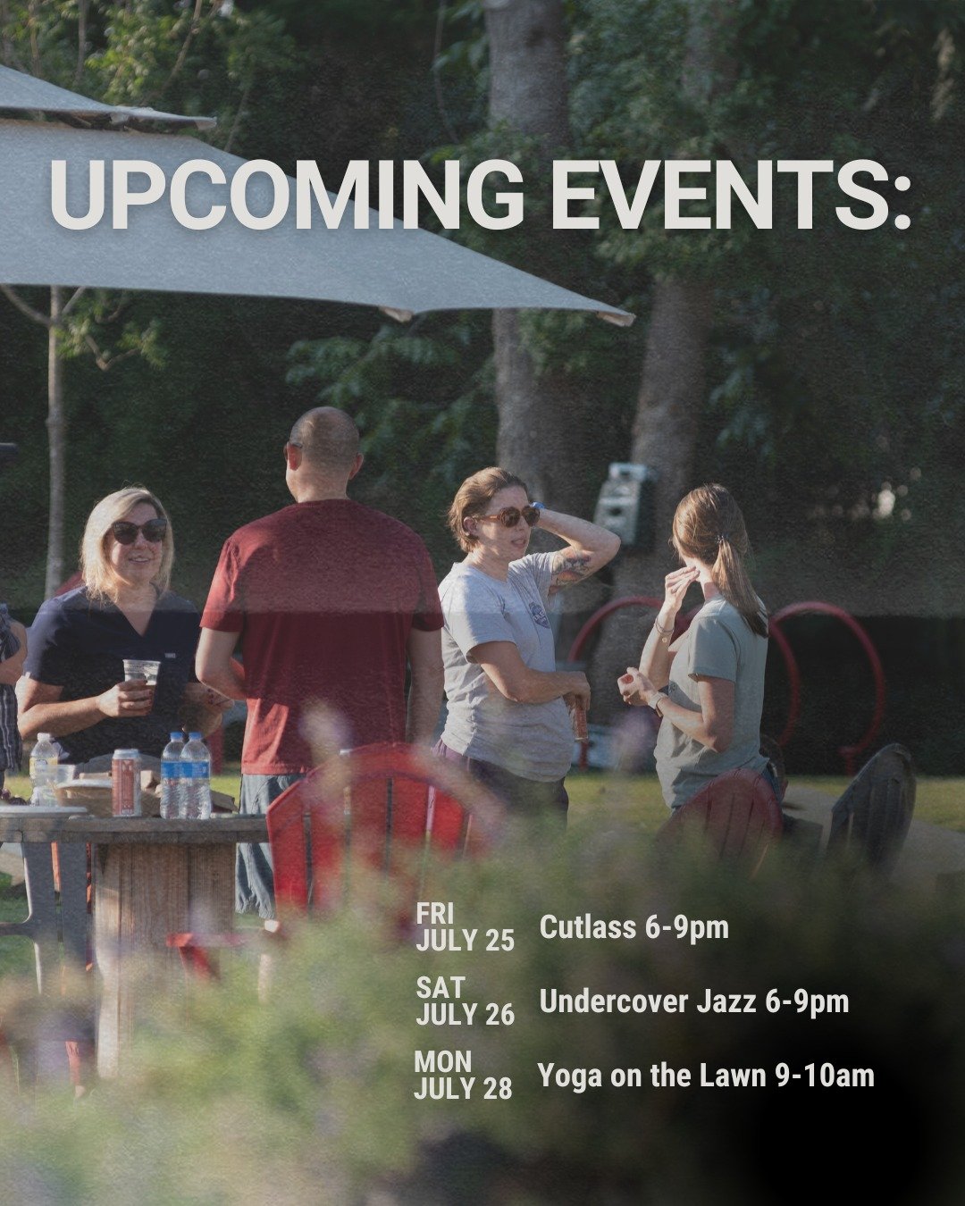 It's humpday! Who's ready for the weekend? 

We've got some great live music planned for you:
Friday, July 25th: Cutlass
Saturday, July 26th: Undercover Jazz

Music is from 6 pm until 9 pm. Our kitchen closes at 8 pm, but snacks and drinks are available until we close. 😚