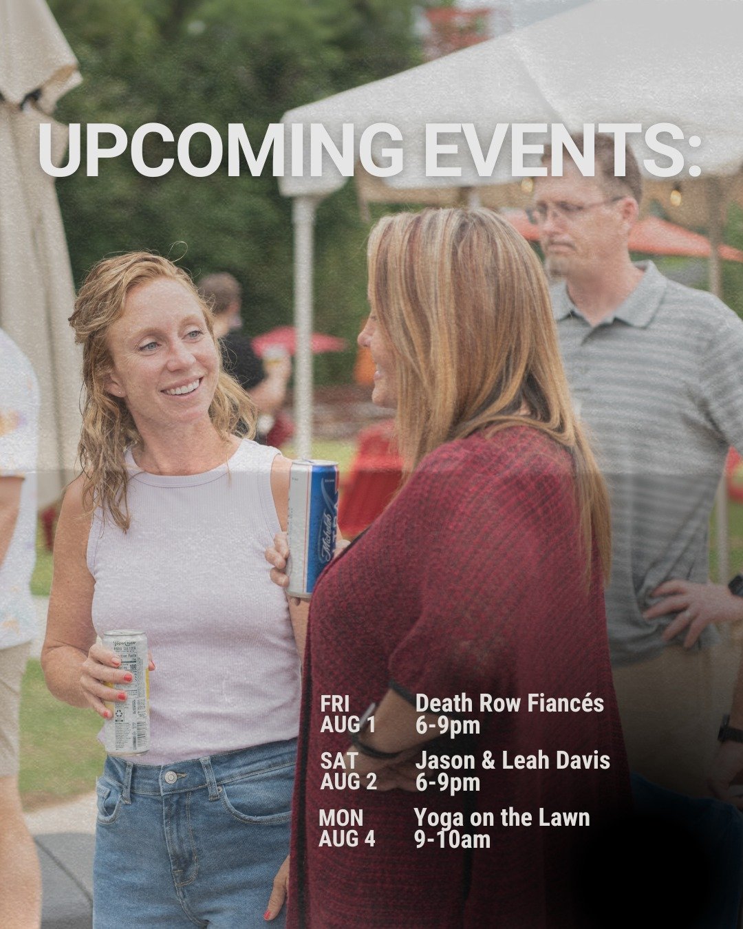 🎶 Who's ready for some live music this weekend?!

Join us on the lawn tonight at 6pm for Death Row Fiancés, a local rock band ready to put on a high-energy show!

Can't make it tonight? Acoustic duo Jason &amp; Leah Davis will take the stage tomorrow from 6-9pm for some country, soul, and rock.