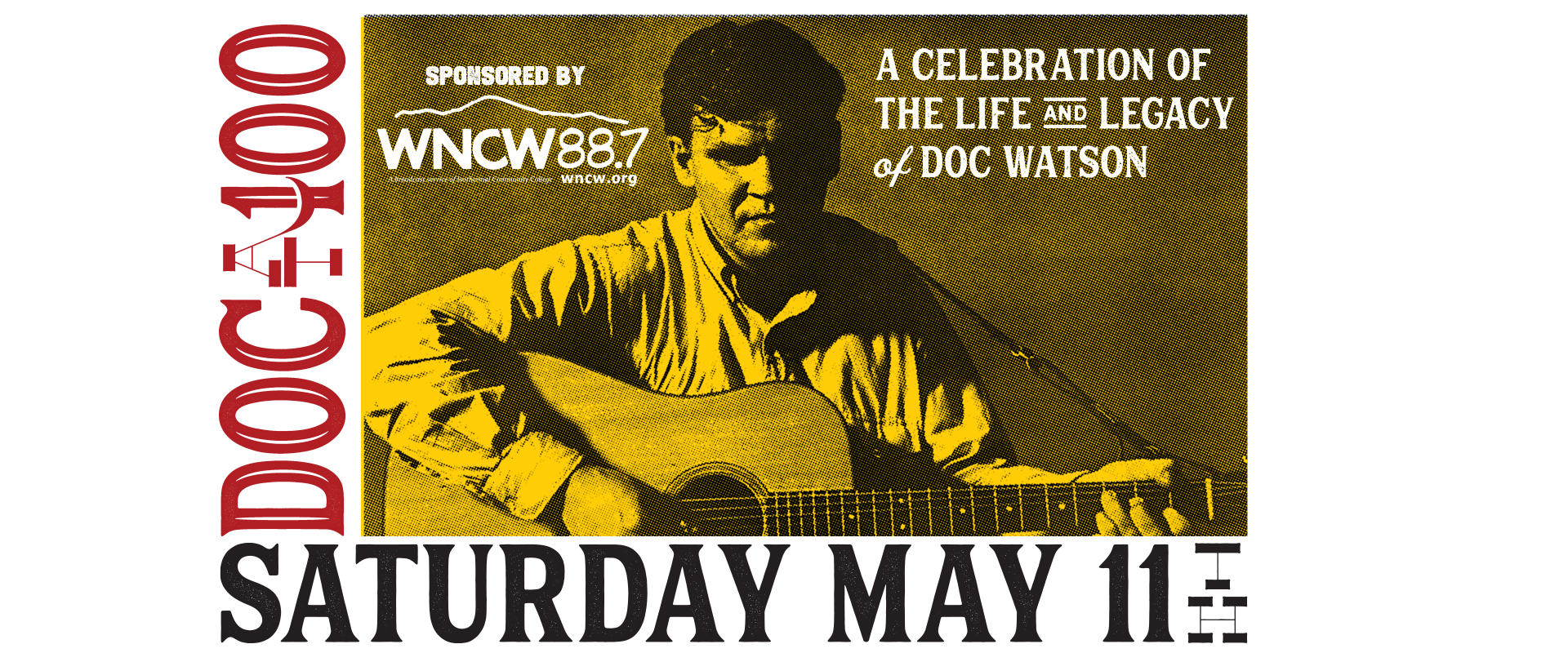 Doc at 100 event poster, live music at Fretwell sponsored by WNCW